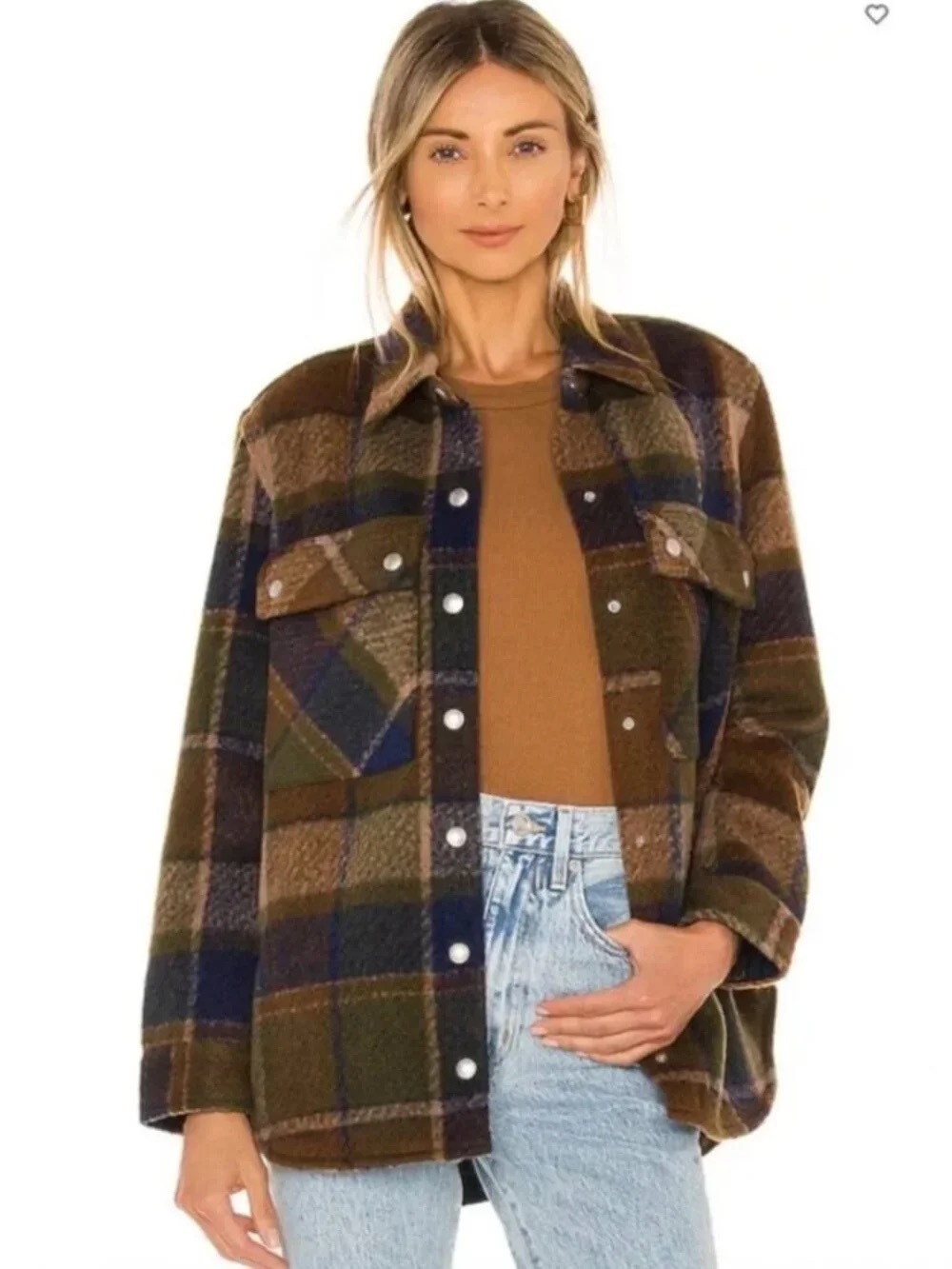 Blank NYC Plaid Shacket in Brown, Olive & Navy - Large